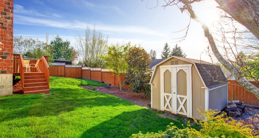 Fenced backyard with storage shed in Stockton